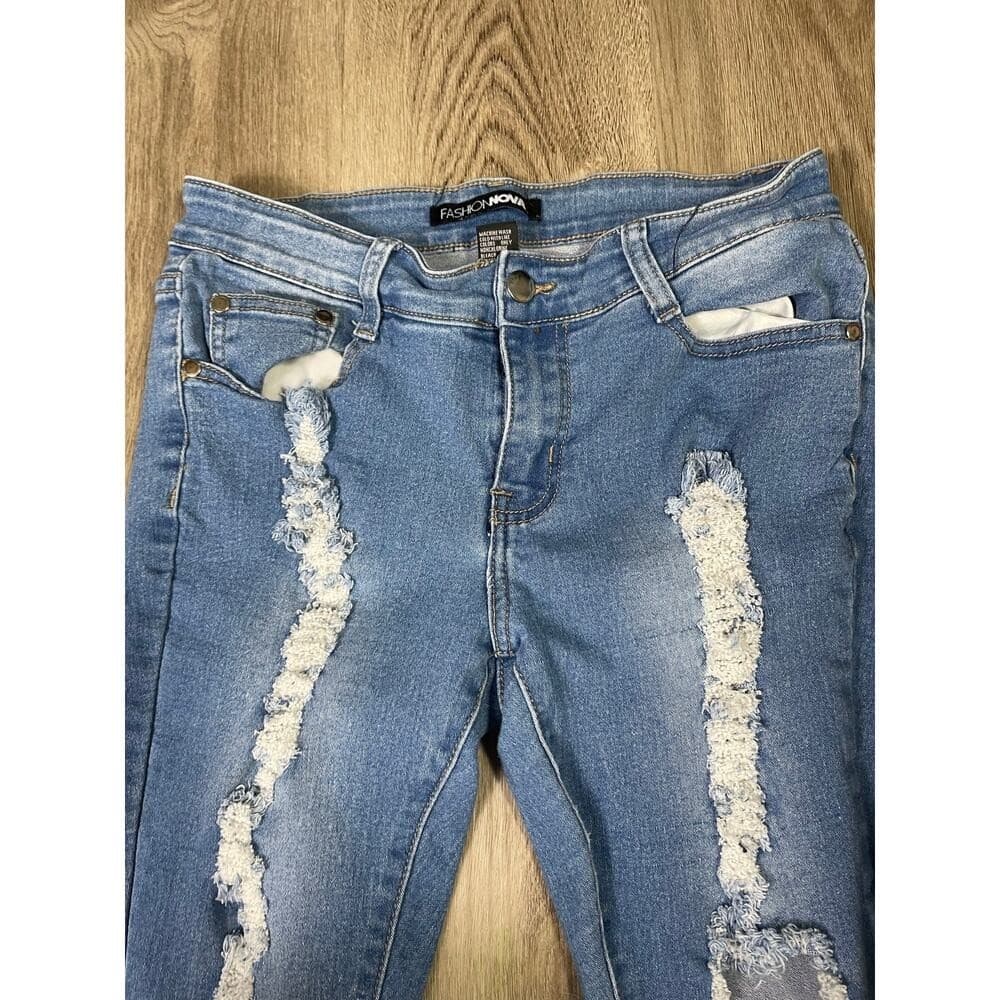 Fashion Nova Women's 7/8 Blue Distressed Ripped Skinny Jeans Mid Rise Stretch - Thumbnail 7