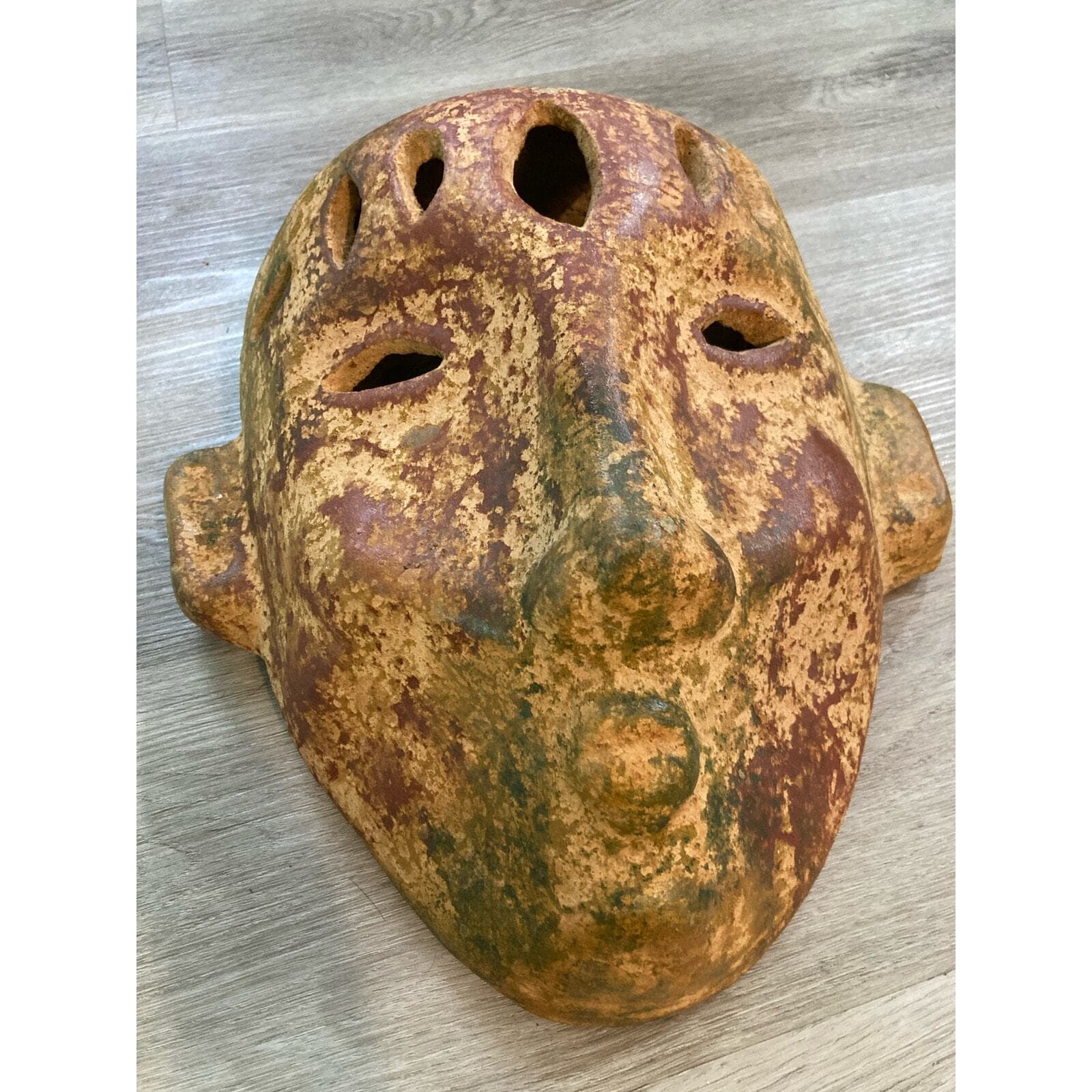 Vintage Rustic Stoneware Tribal Face Wall Mask 16" Ceramic Sculpture Decor Art - Thumbnail 9