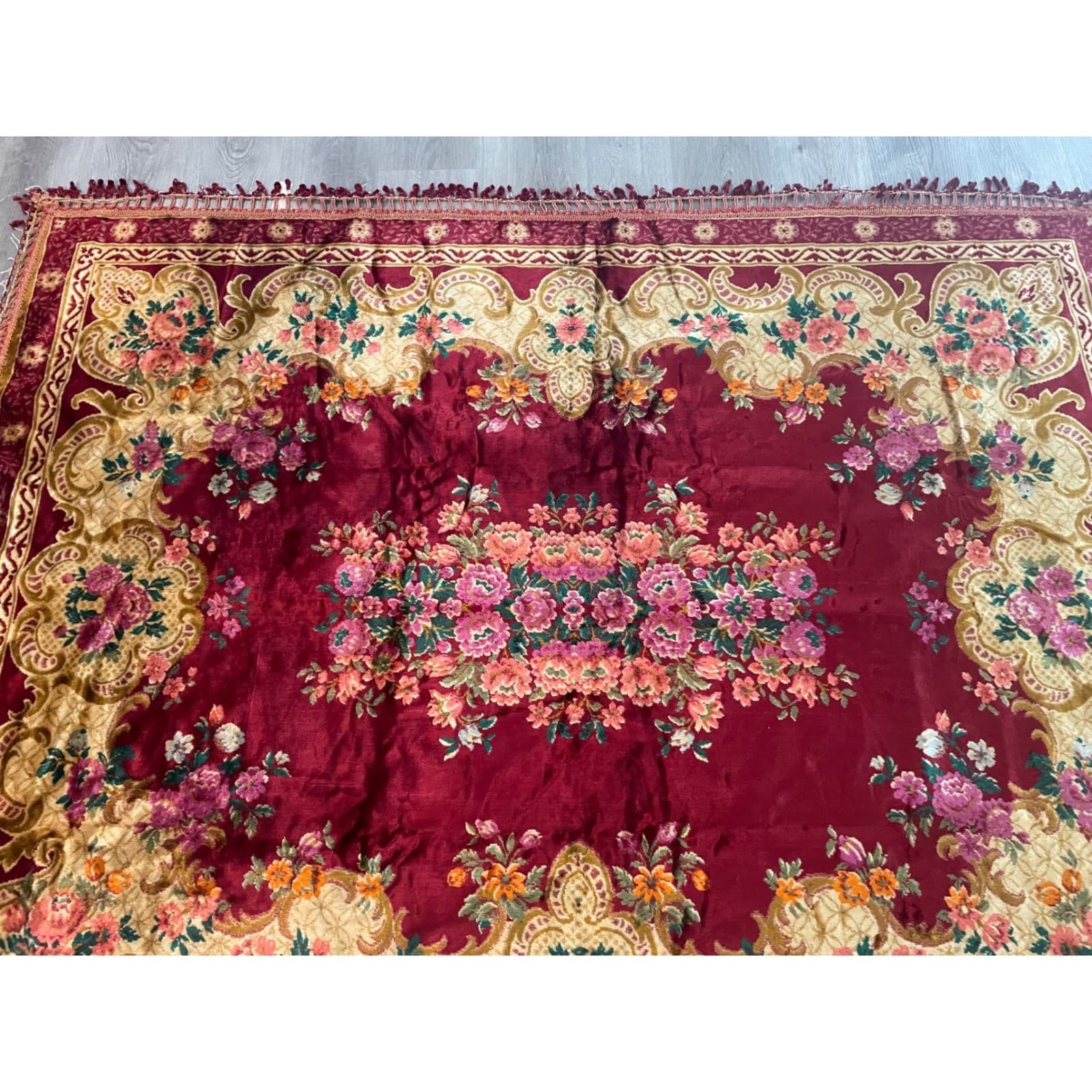Vintage Italian Velvet Bedspread Rug 1970s Red Gold Floral Tapestry Fringe - Thumbnail 5