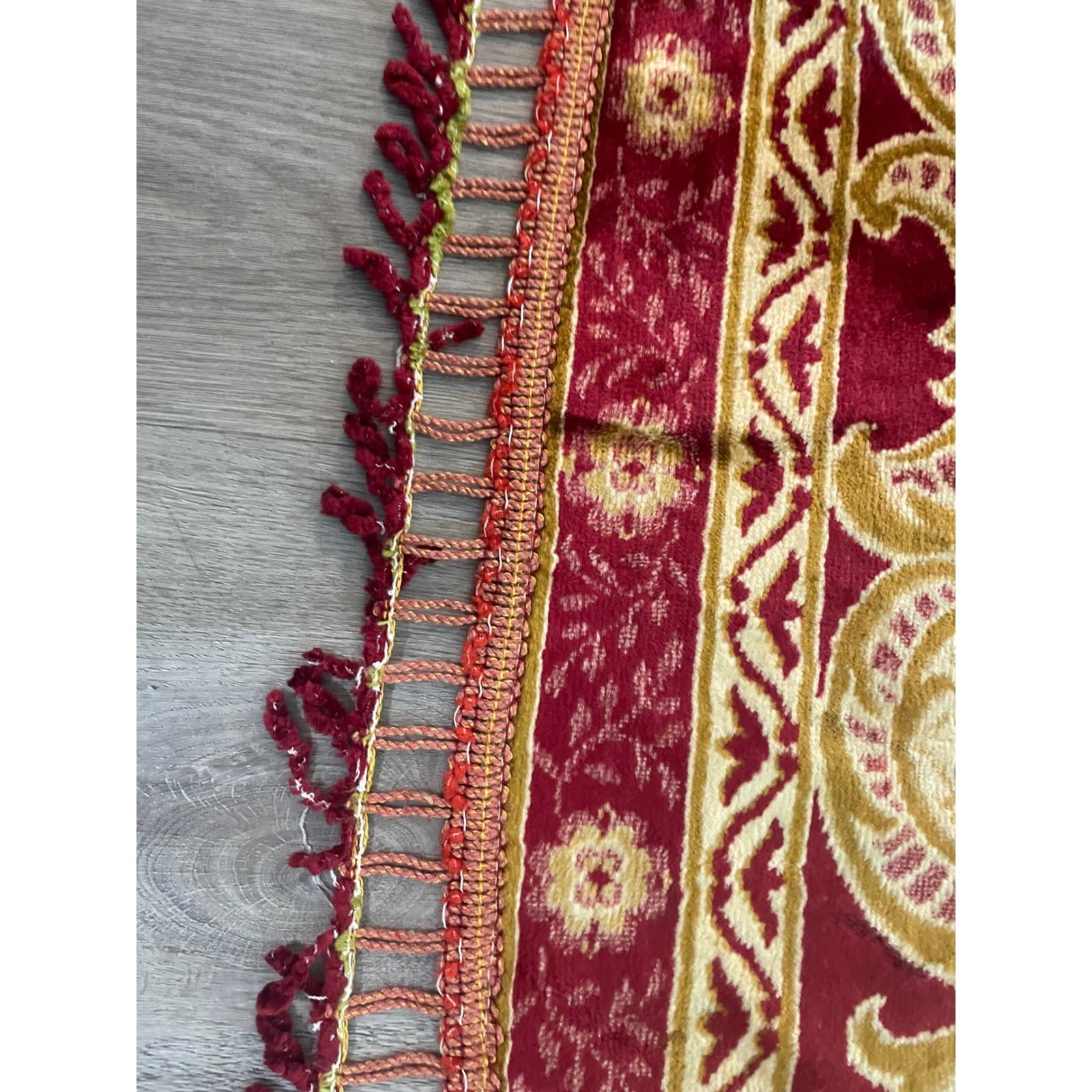 Vintage Italian Velvet Bedspread Rug 1970s Red Gold Floral Tapestry Fringe - Thumbnail 8