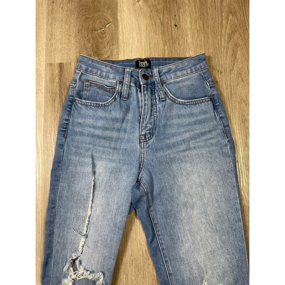Simple Society Womens 0/24 Light Wash Distressed Straight Jeans Raw Hem Denim - Thumbnail 4