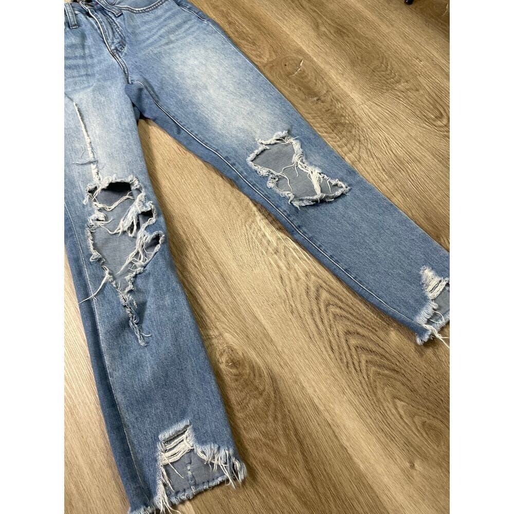 Simple Society Womens 0/24 Light Wash Distressed Straight Jeans Raw Hem Denim - Thumbnail 3