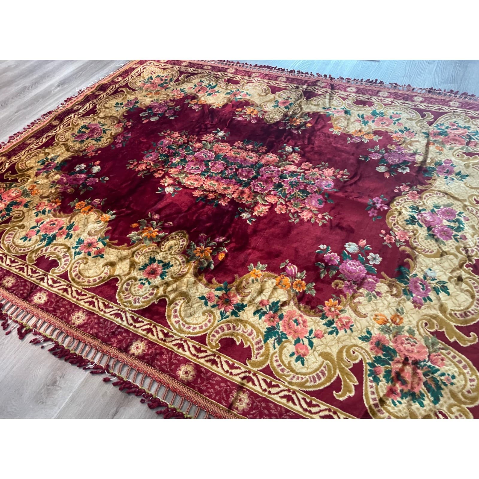 Vintage Italian Velvet Bedspread Rug 1970s Red Gold Floral Tapestry Fringe - Thumbnail 10