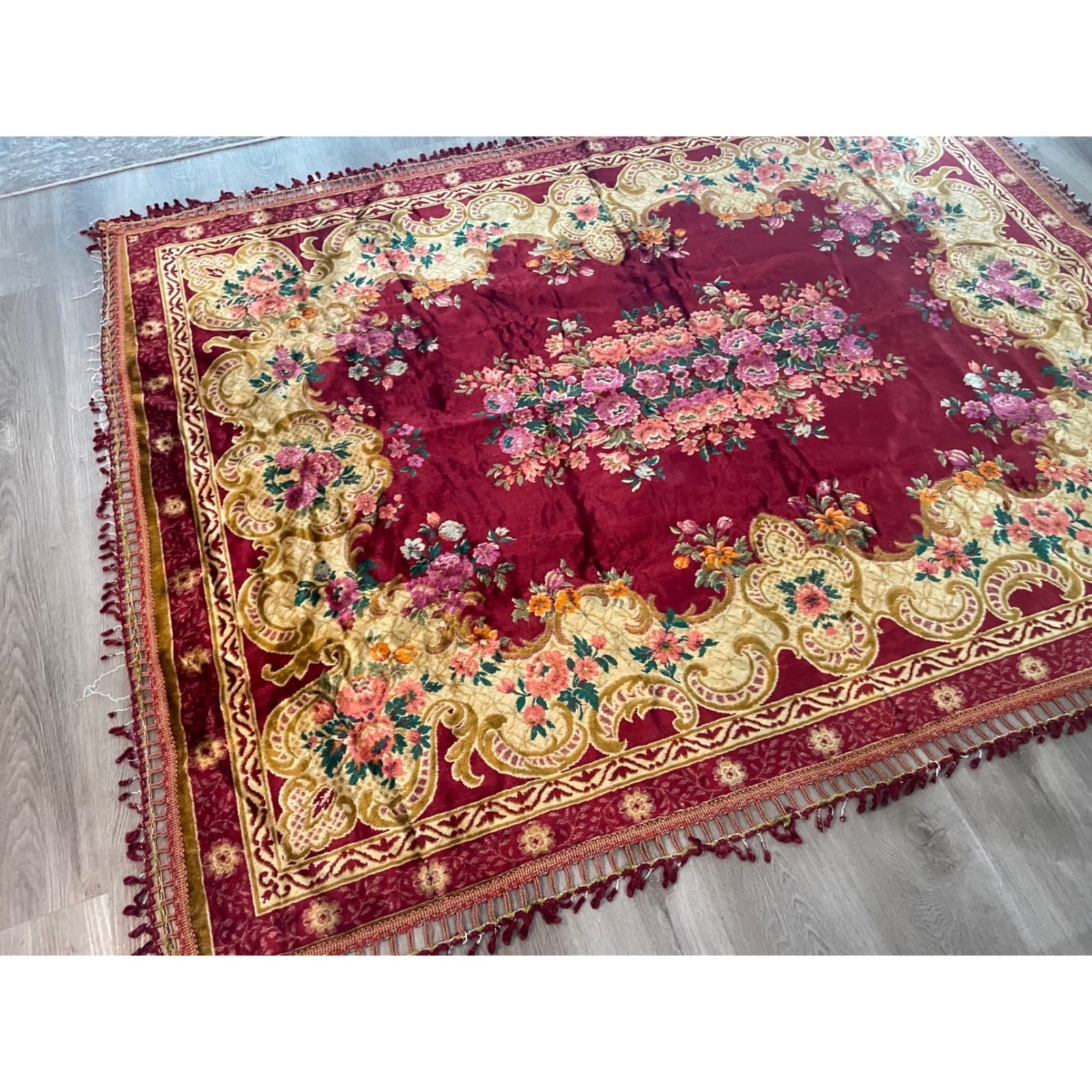 Vintage Italian Velvet Bedspread Rug 1970s Red Gold Floral Tapestry Fringe - Thumbnail 6