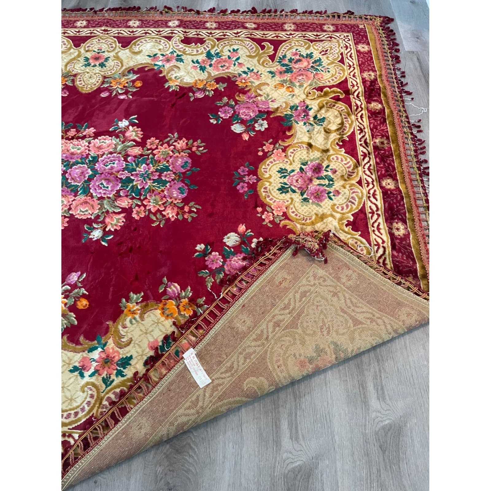 Vintage Italian Velvet Bedspread Rug 1970s Red Gold Floral Tapestry Fringe - Thumbnail 12