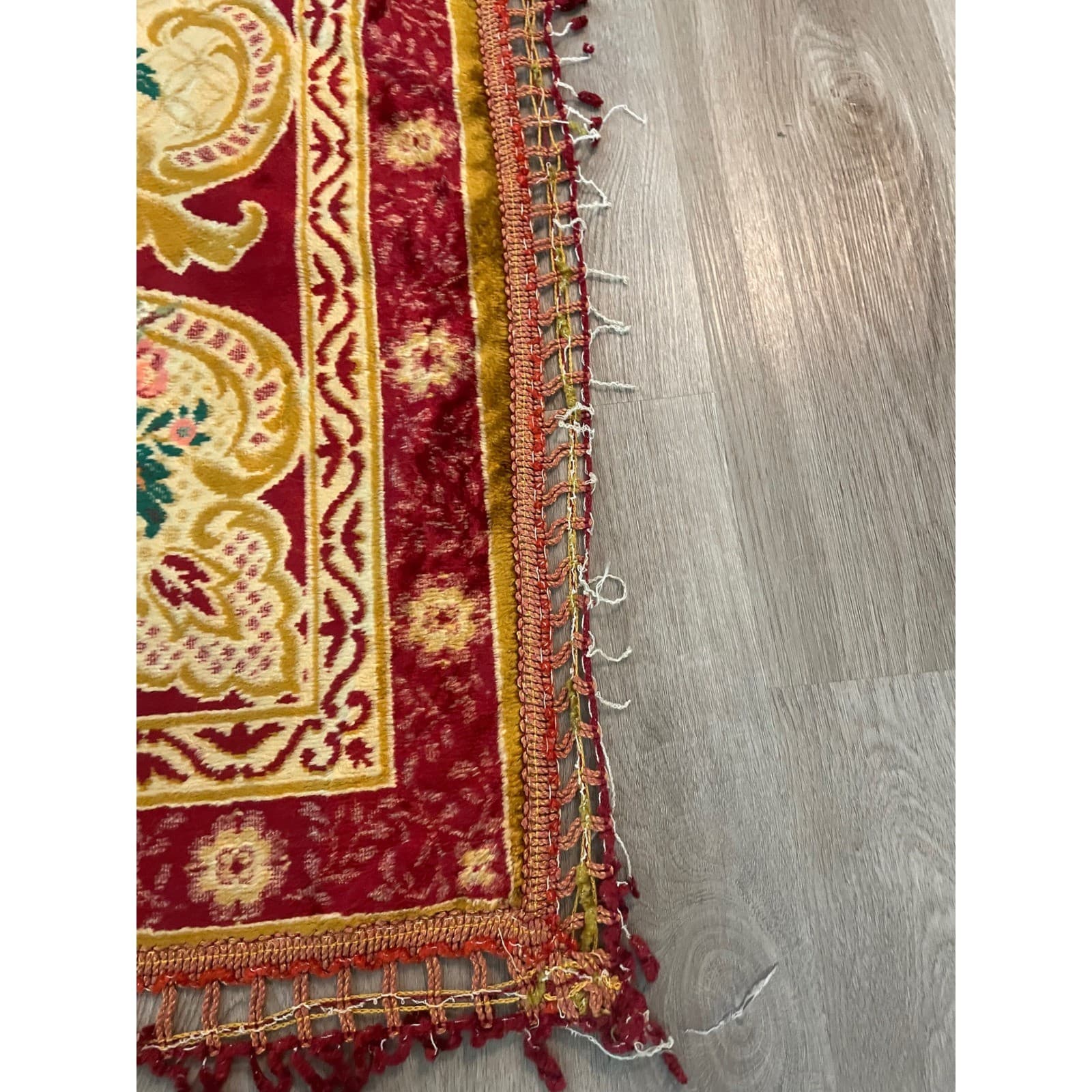 Vintage Italian Velvet Bedspread Rug 1970s Red Gold Floral Tapestry Fringe - Thumbnail 11