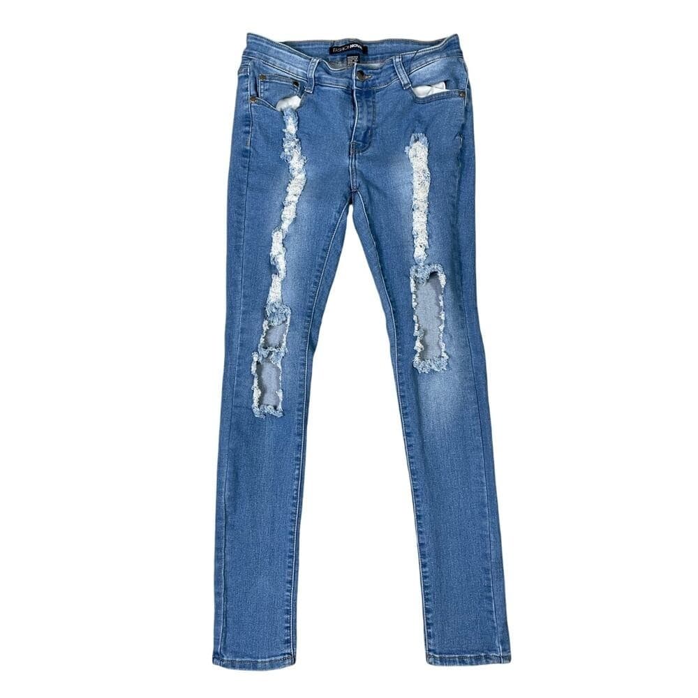 Fashion Nova Women's 7/8 Blue Distressed Ripped Skinny Jeans Mid Rise Stretch - Thumbnail 2