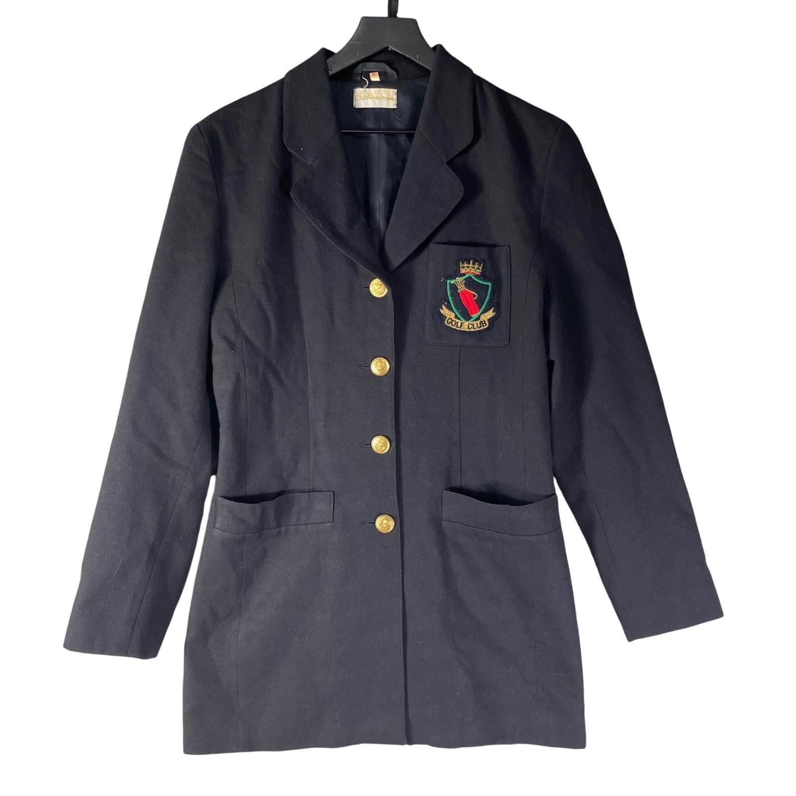 Vintage Womens Navy Wool Golf Club Blazer 36 Crest Patch Gold Button Korea - Thumbnail 3