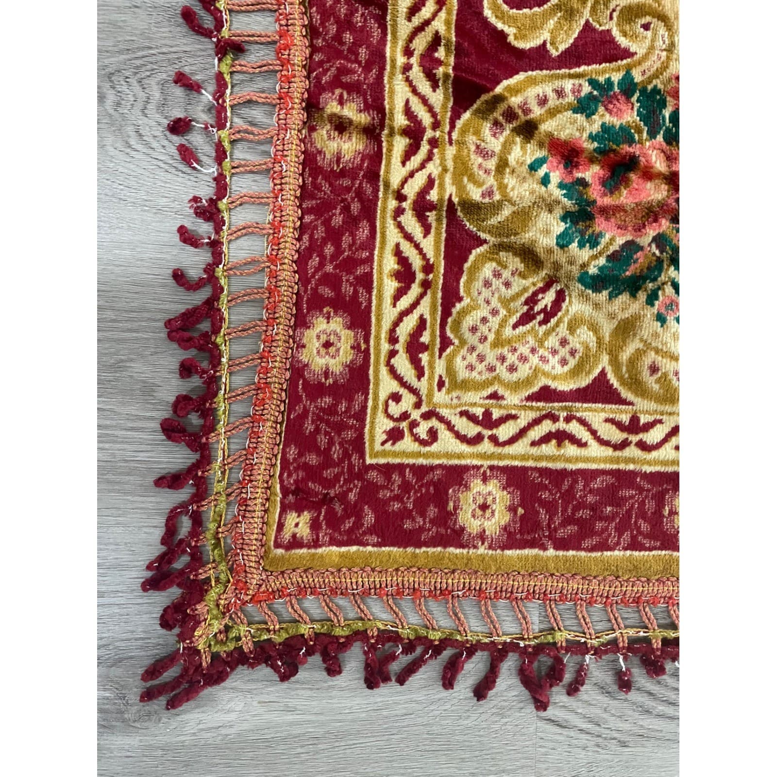 Vintage Italian Velvet Bedspread Rug 1970s Red Gold Floral Tapestry Fringe - Thumbnail 7