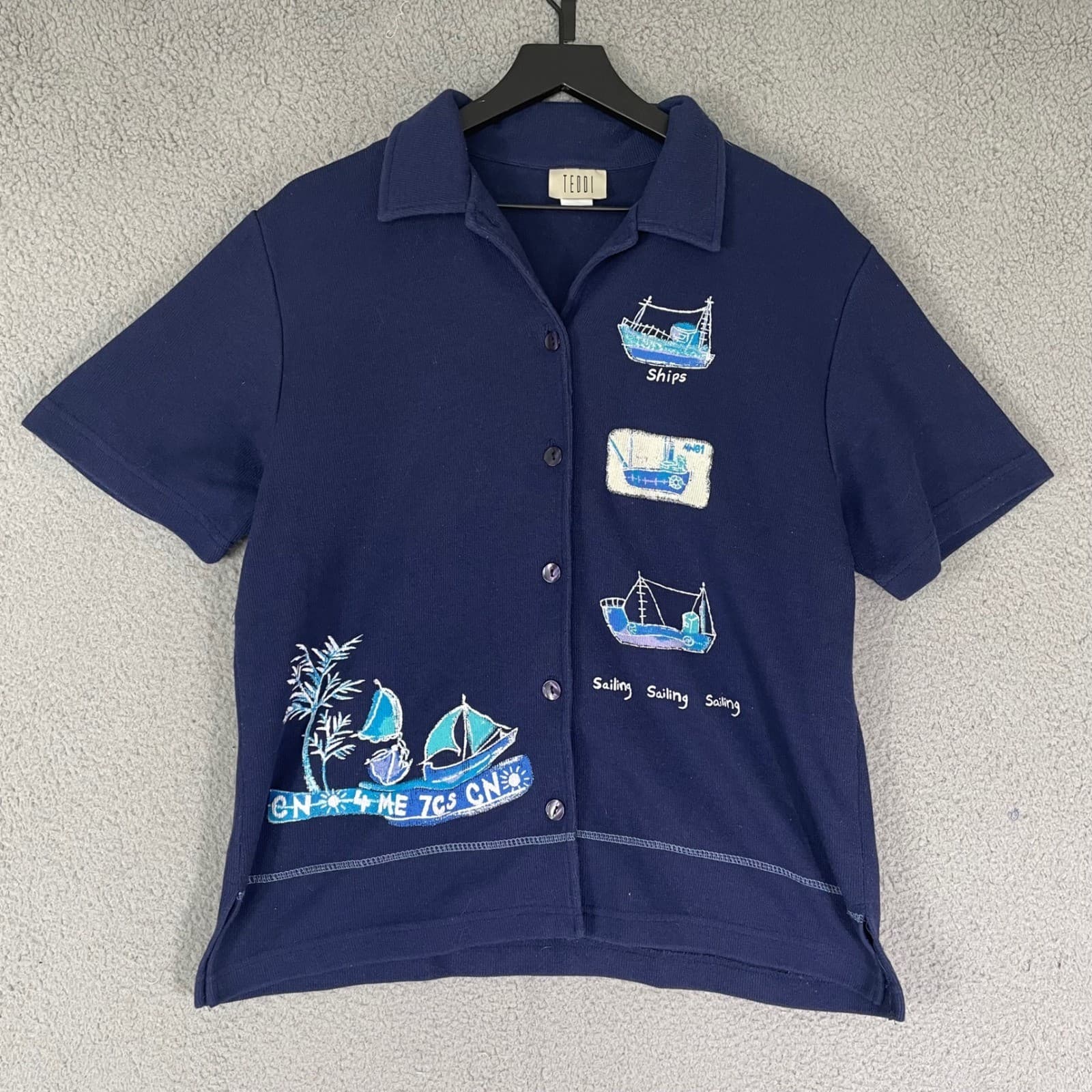 Nautical Sailboat Embroidered Shirt Womens L Navy Coastal Beach Button Top - Thumbnail 3