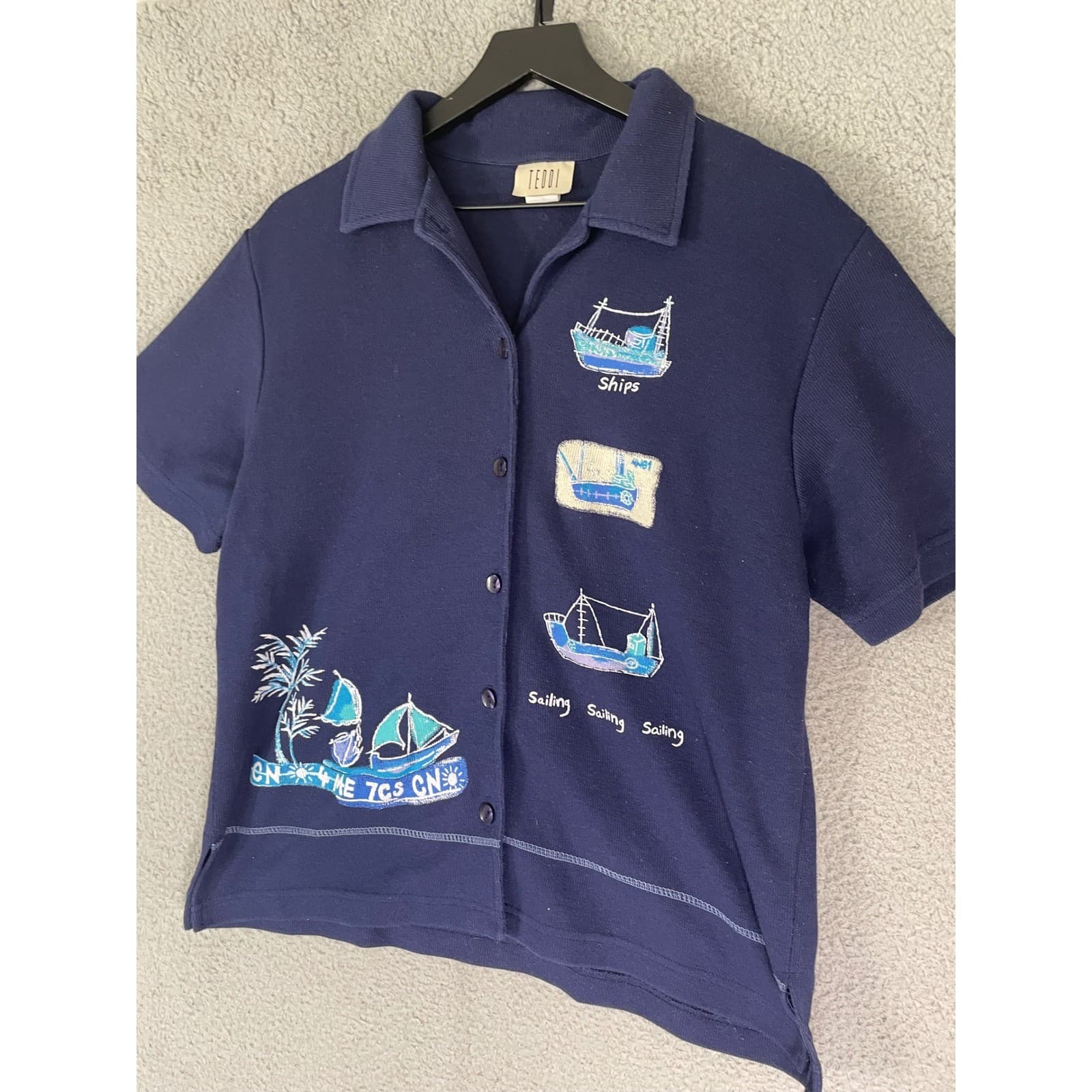 Nautical Sailboat Embroidered Shirt Womens L Navy Coastal Beach Button Top - Thumbnail 8