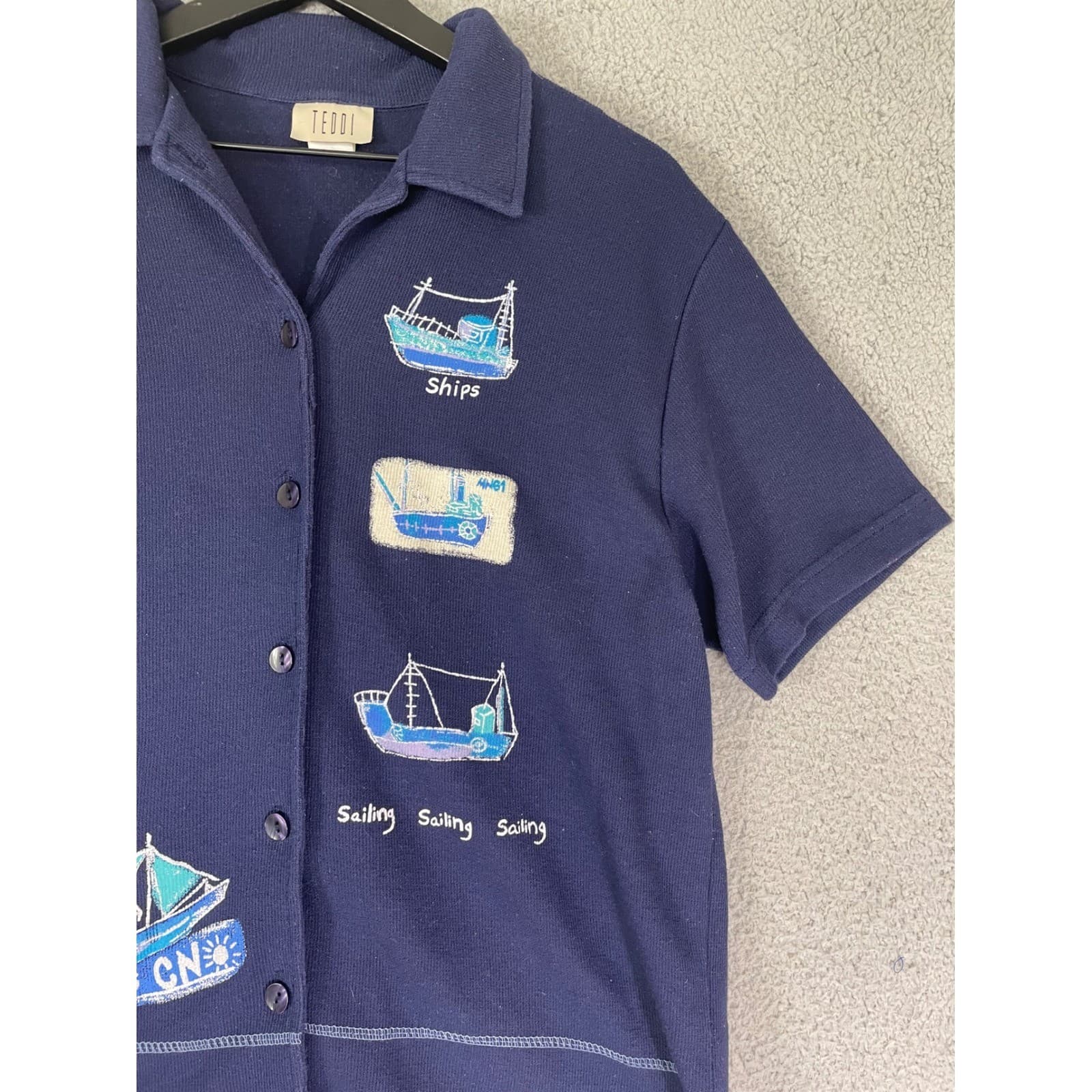 Nautical Sailboat Embroidered Shirt Womens L Navy Coastal Beach Button Top - Thumbnail 10
