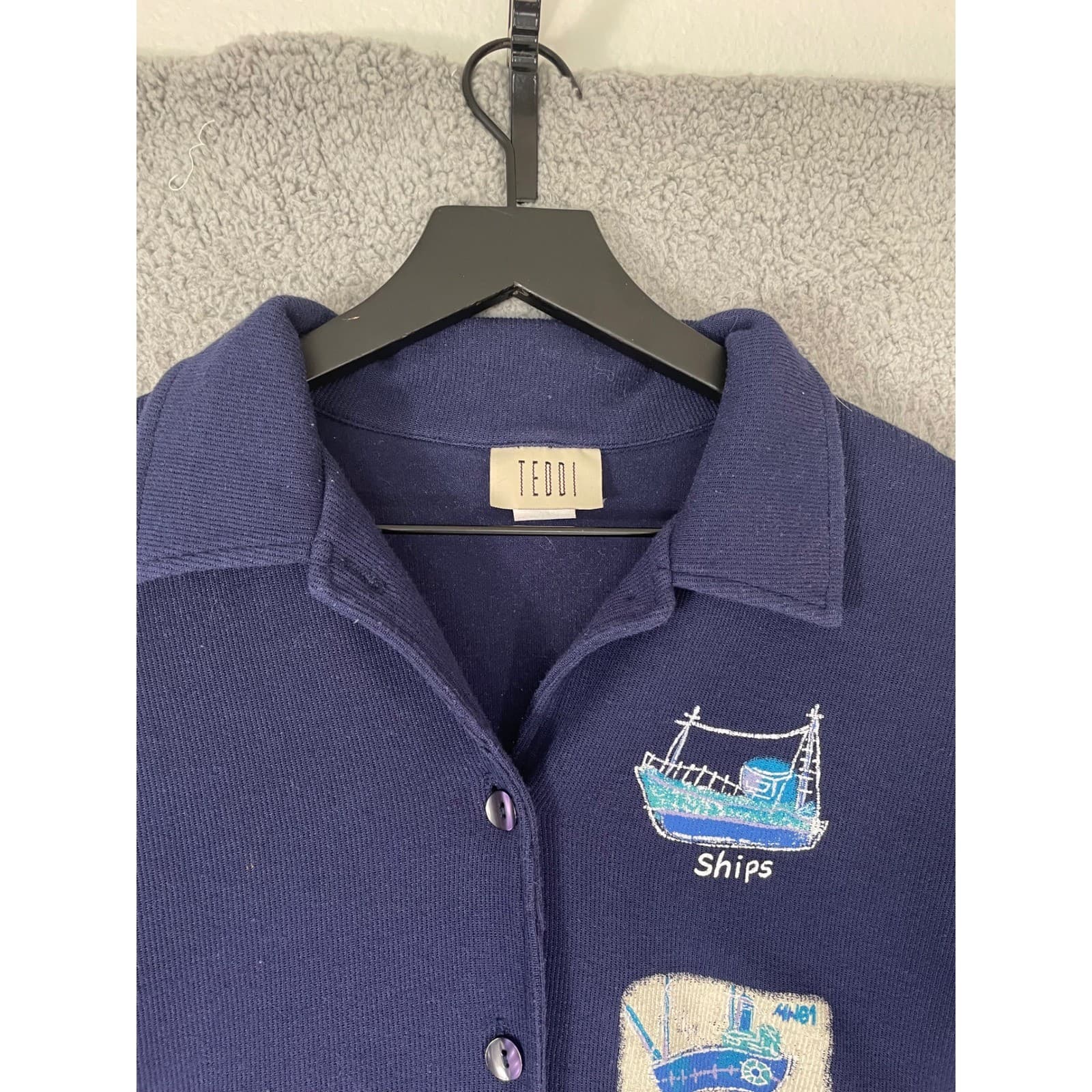 Nautical Sailboat Embroidered Shirt Womens L Navy Coastal Beach Button Top - Thumbnail 11