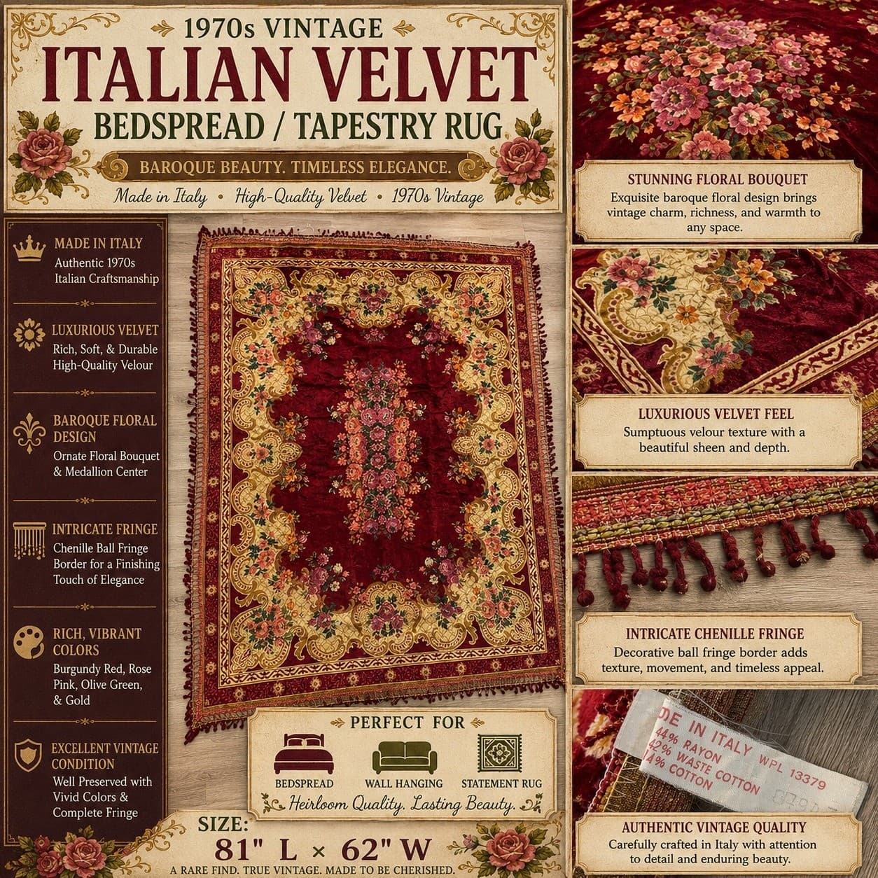 Vintage Italian Velvet Bedspread Rug 1970s Red Gold Floral Tapestry Fringe - Thumbnail 2