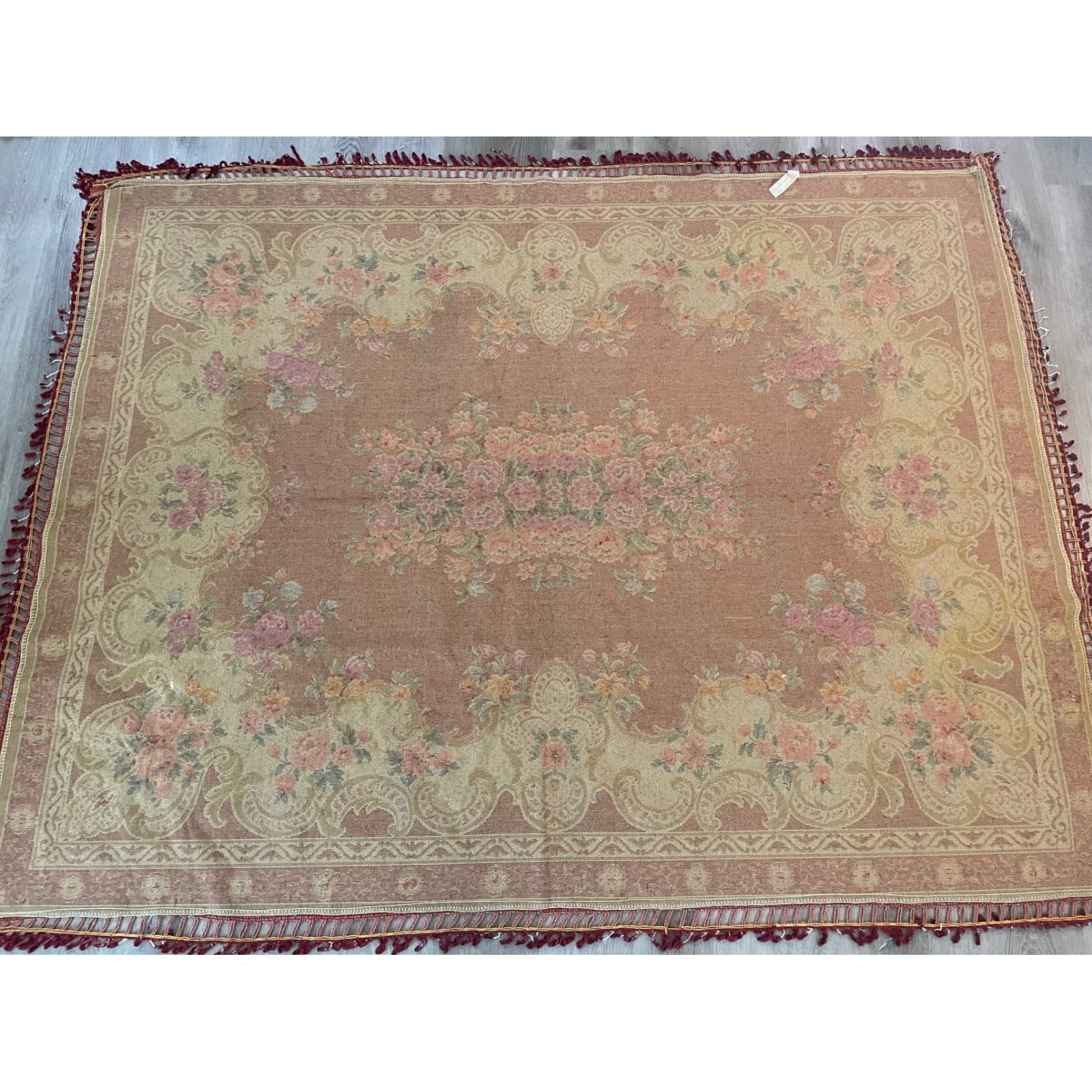 Vintage Italian Velvet Bedspread Rug 1970s Red Gold Floral Tapestry Fringe - Thumbnail 9