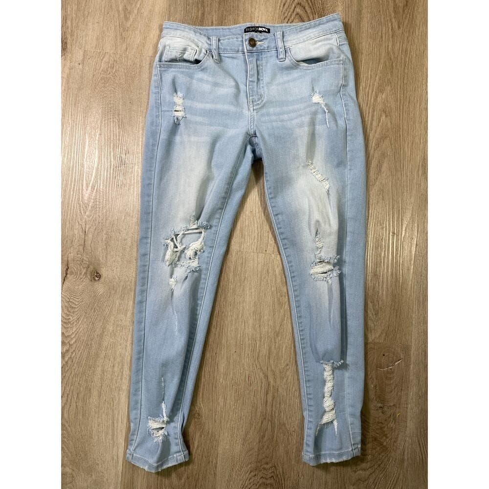 Fashion Nova Distressed Skinny Jeans 7 Women Light Wash Ripped Torn Stretch - Thumbnail 2