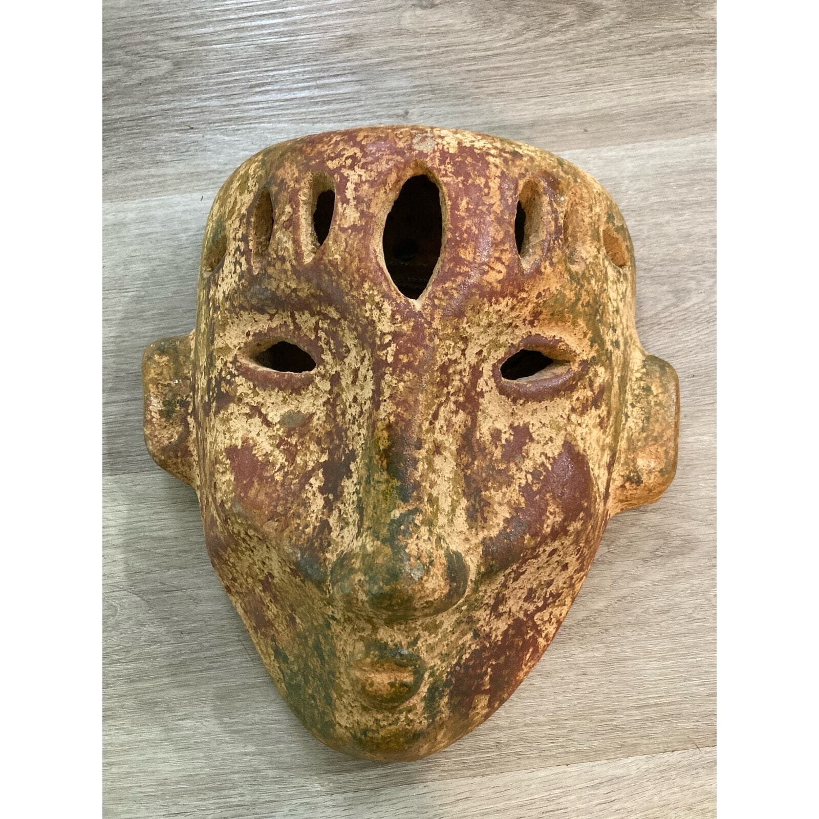 Vintage Rustic Stoneware Tribal Face Wall Mask 16" Ceramic Sculpture Decor Art - Thumbnail 8
