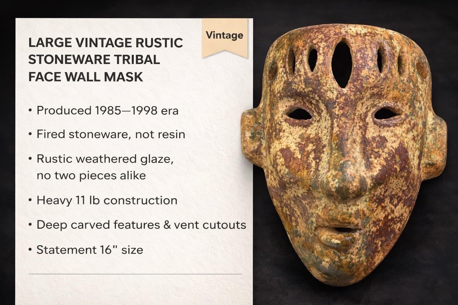 Vintage Rustic Stoneware Tribal Face Wall Mask 16" Ceramic Sculpture Decor Art - Thumbnail 2