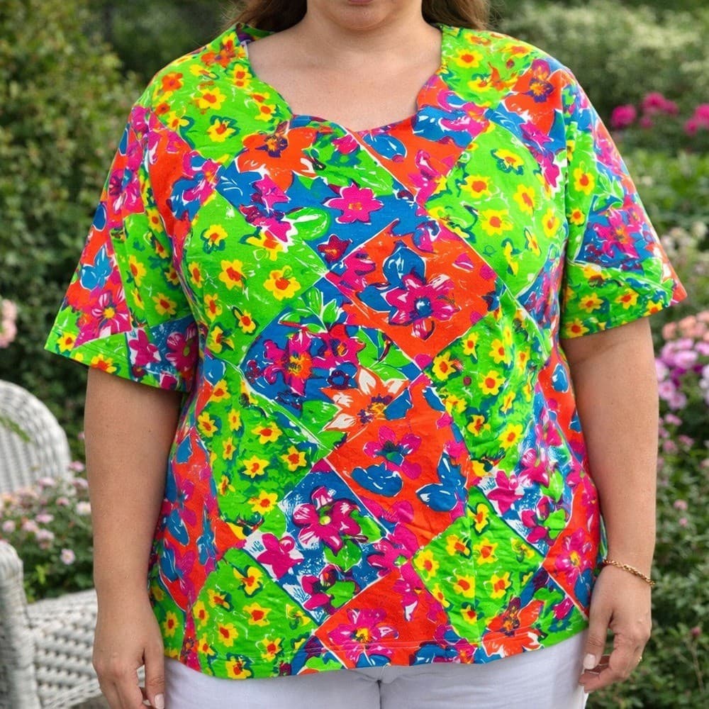 Vintage 90s Synopsis Plus Size 20 Floral Patchwork Blouse Neon Cotton Top 2X