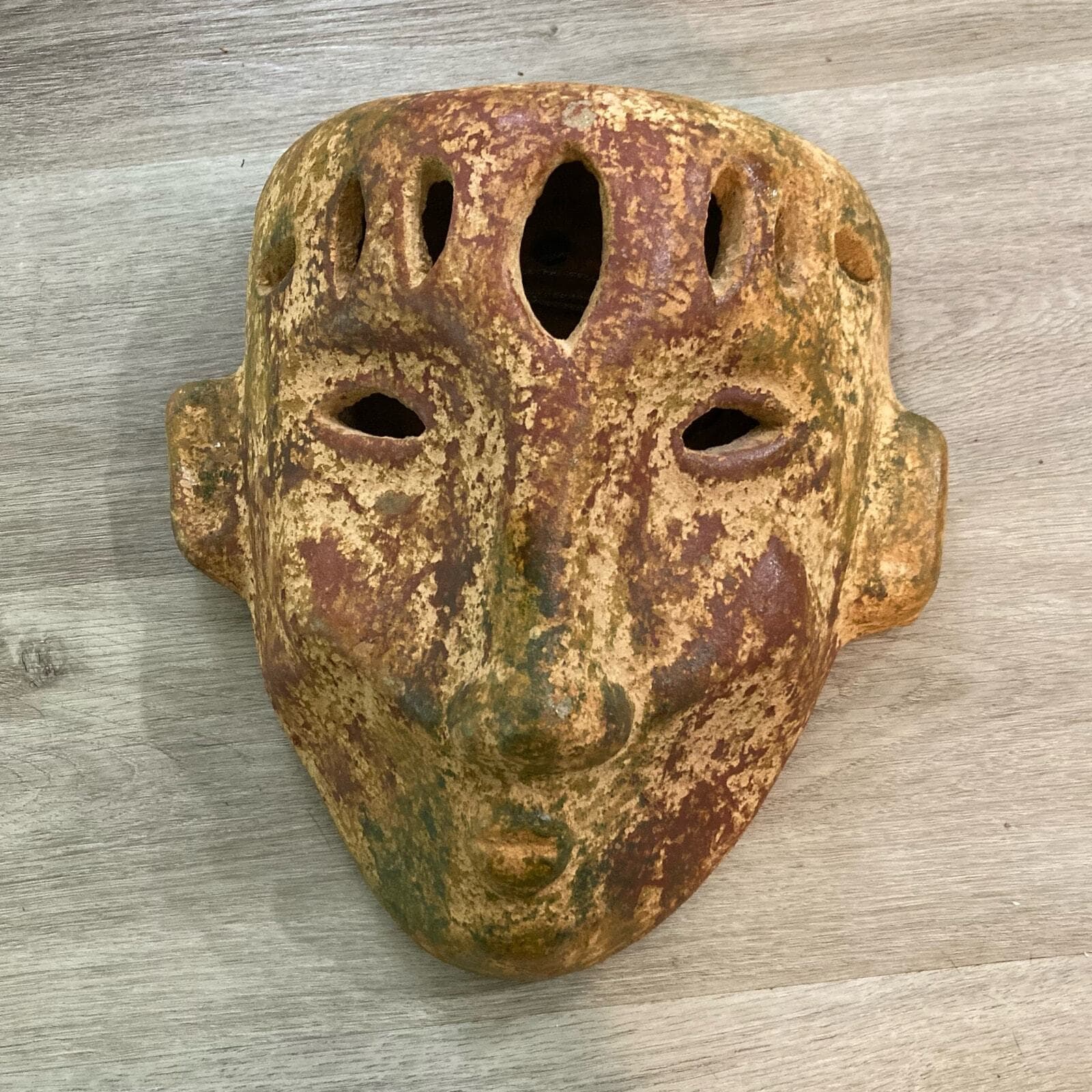 Vintage Rustic Stoneware Tribal Face Wall Mask 16" Ceramic Sculpture Decor Art - Thumbnail 3