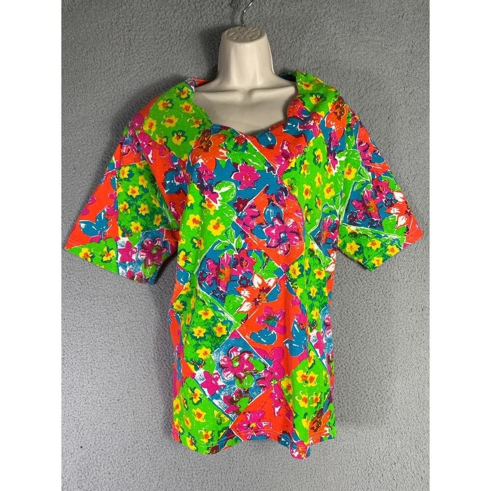 Vintage 90s Synopsis Plus Size 20 Floral Patchwork Blouse Neon Cotton Top 2X - Thumbnail 2