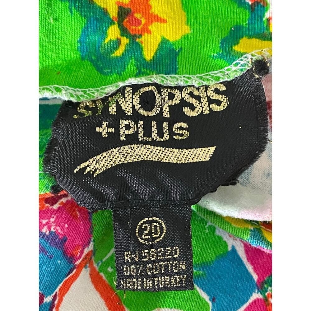 Vintage 90s Synopsis Plus Size 20 Floral Patchwork Blouse Neon Cotton Top 2X - Thumbnail 3