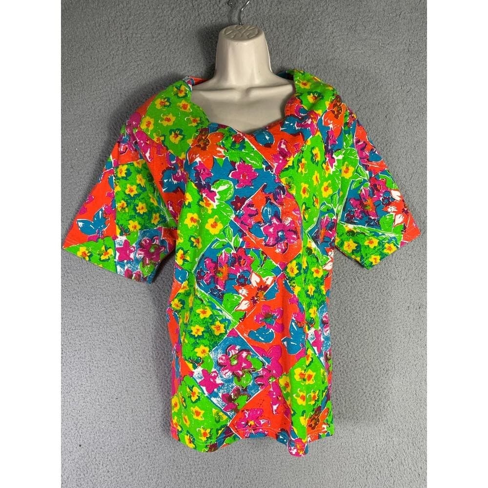 Vintage 90s Synopsis Plus Size 20 Floral Patchwork Blouse Neon Cotton Top 2X - Thumbnail 4