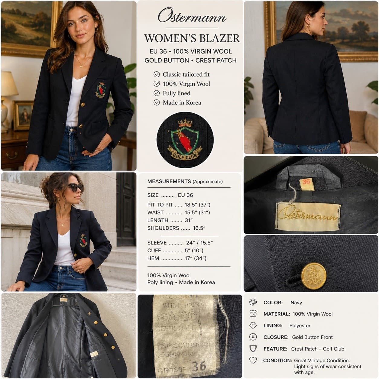 Vintage Womens Navy Wool Golf Club Blazer 36 Crest Patch Gold Button Korea - Thumbnail 2