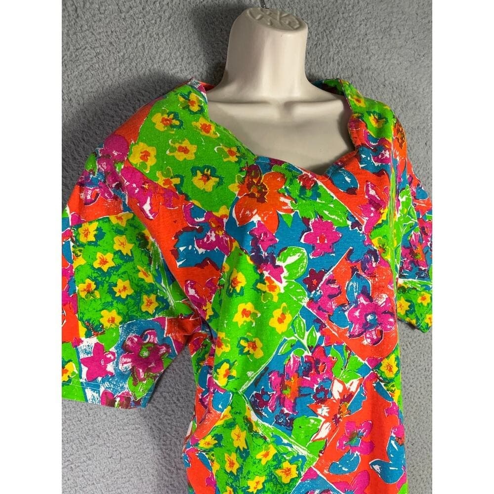 Vintage 90s Synopsis Plus Size 20 Floral Patchwork Blouse Neon Cotton Top 2X - Thumbnail 6