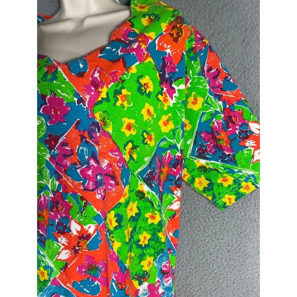 Vintage 90s Synopsis Plus Size 20 Floral Patchwork Blouse Neon Cotton Top 2X - Thumbnail 7