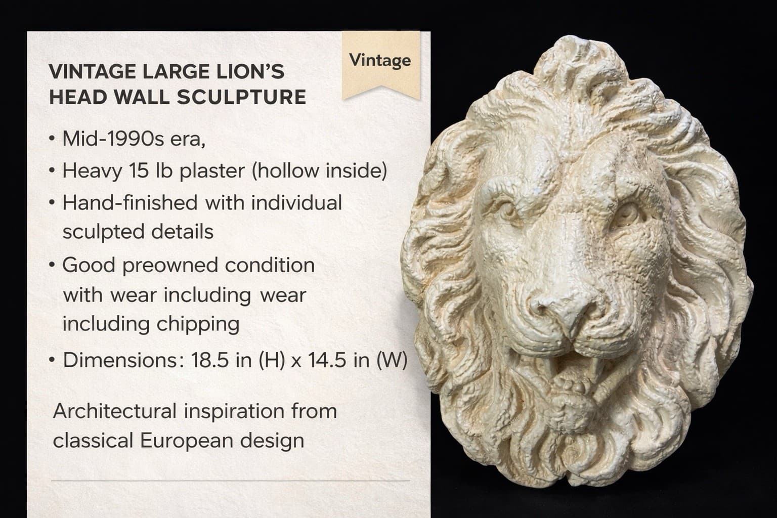 Lion Head Wall Plaque Sculpture 18” Plaster Classical Decor Large Relief - Thumbnail 4