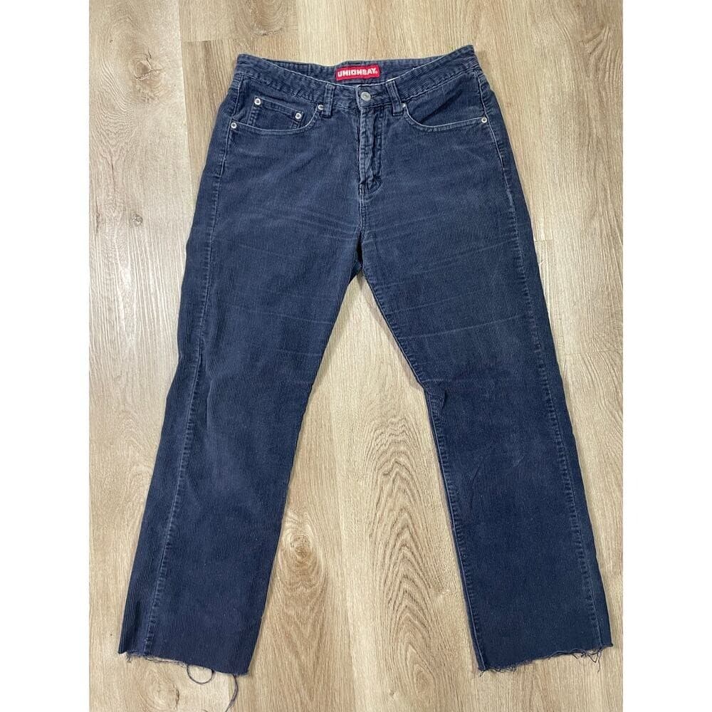 Unionbay Corduroy Pants Womens 7 Blue Wide Leg Y2K Grunge Cut Hem Jeans - Thumbnail 2