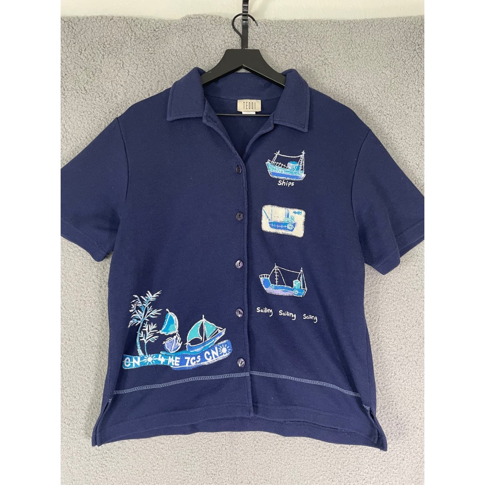 Nautical Sailboat Embroidered Shirt Womens L Navy Coastal Beach Button Top - Thumbnail 7