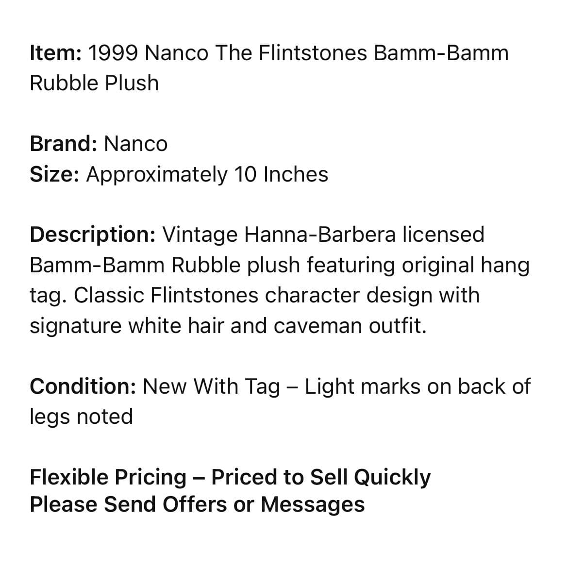 Vintage Nanco Flintstones Bamm Bamm Plush 10" NWT Hanna Barbera 1990 Toy - Thumbnail 2