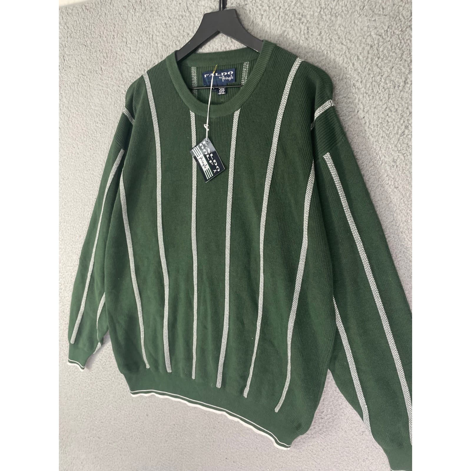 Faldo Pringle Sweater Mens L Green Striped Crewneck Cotton Golf NWT - Thumbnail 8