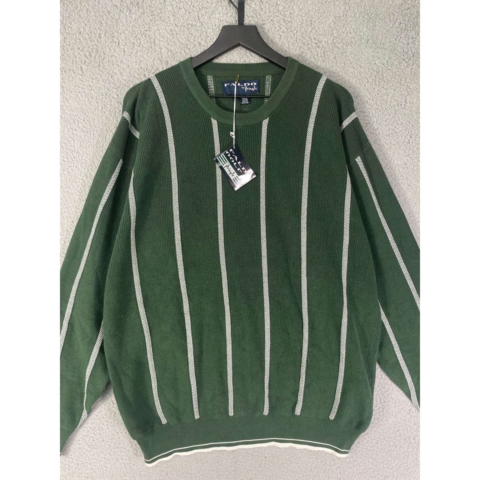 Faldo Pringle Sweater Mens L Green Striped Crewneck Cotton Golf NWT - Thumbnail 6