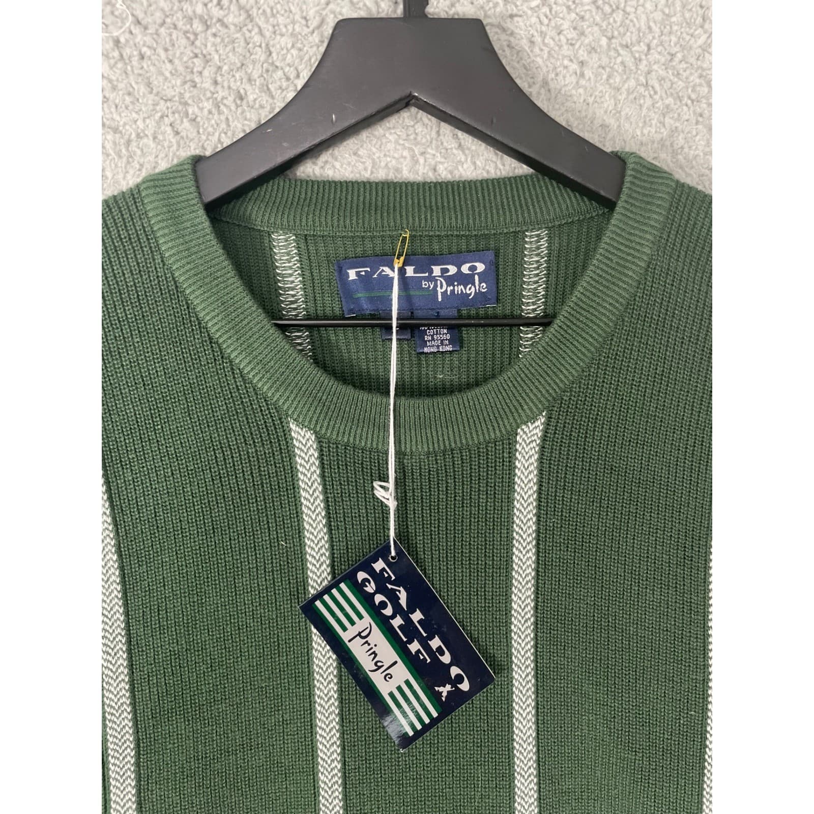 Faldo Pringle Sweater Mens L Green Striped Crewneck Cotton Golf NWT - Thumbnail 9