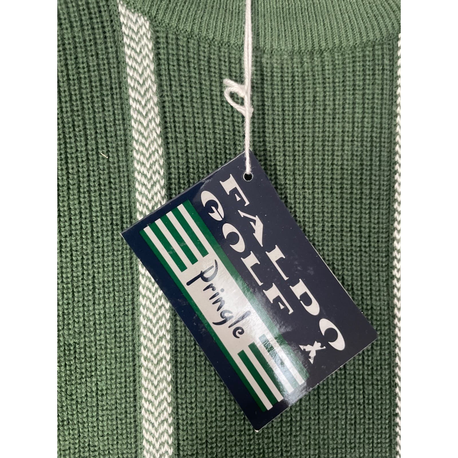 Faldo Pringle Sweater Mens L Green Striped Crewneck Cotton Golf NWT - Thumbnail 4