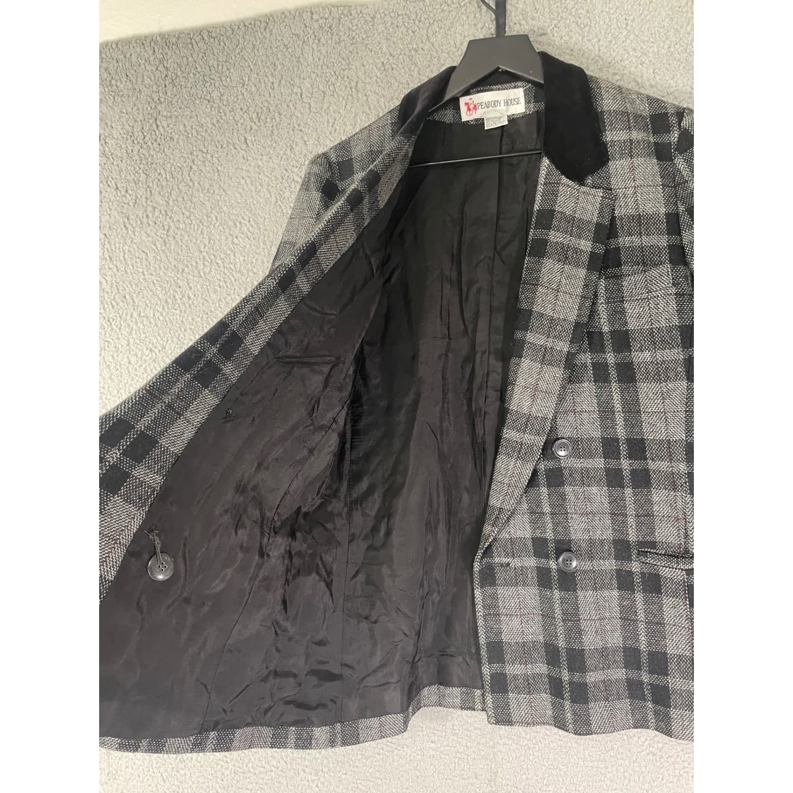 Vintage Plaid Blazer Womens 5 6 Gray Wool Jacket Velvet Collar Academia S - Thumbnail 8