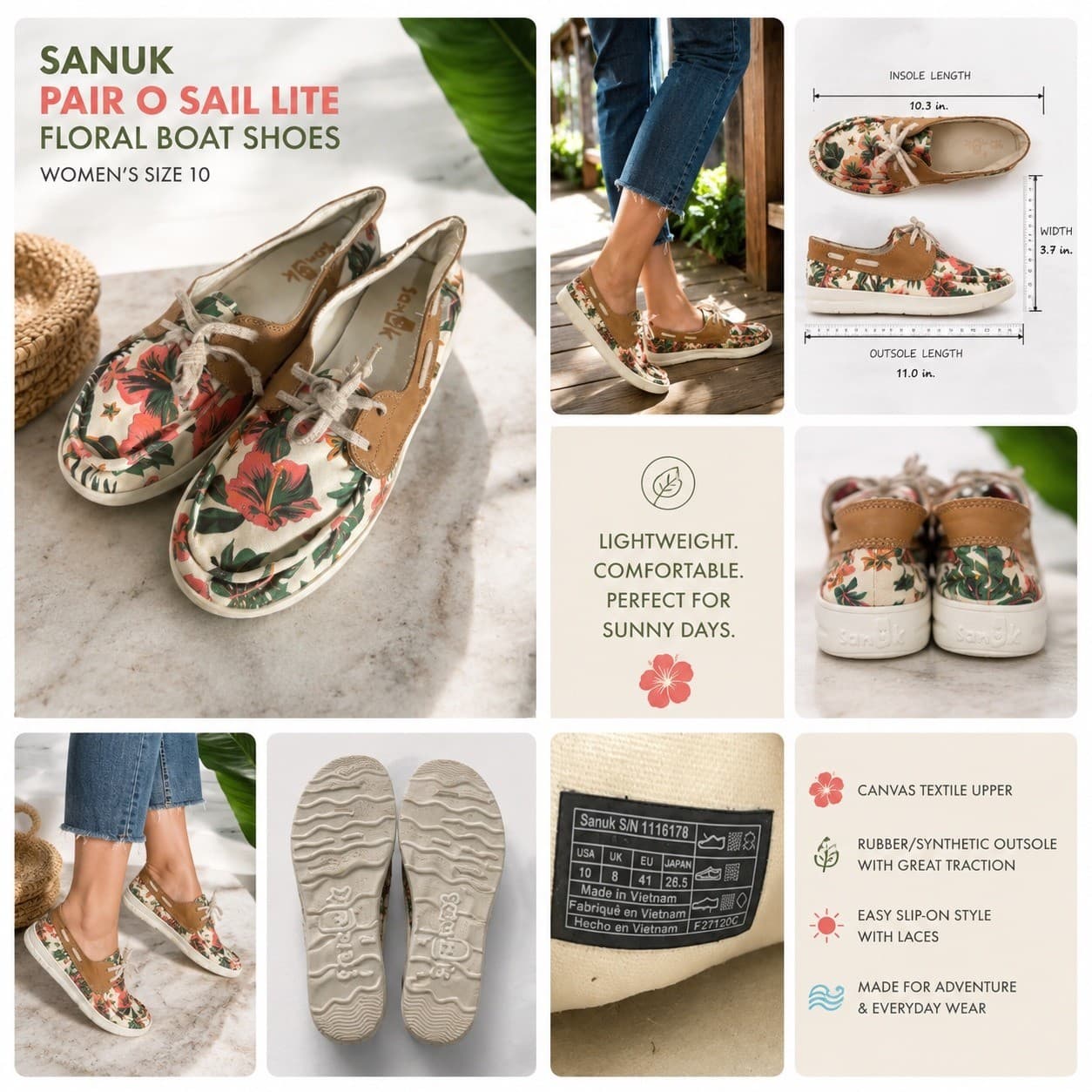 Sanuk Pair O Sail Lite Floral Boat Shoes Womens 10 Canvas Slip On Beach - Thumbnail 2