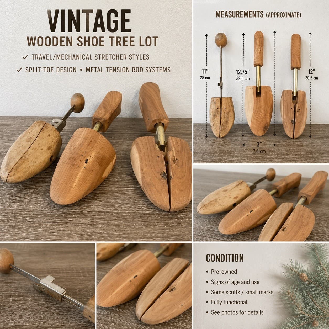 Vintage Wooden Shoe Trees Pair Adjustable Split Toe Shoe Stretchers Forms - Thumbnail 2