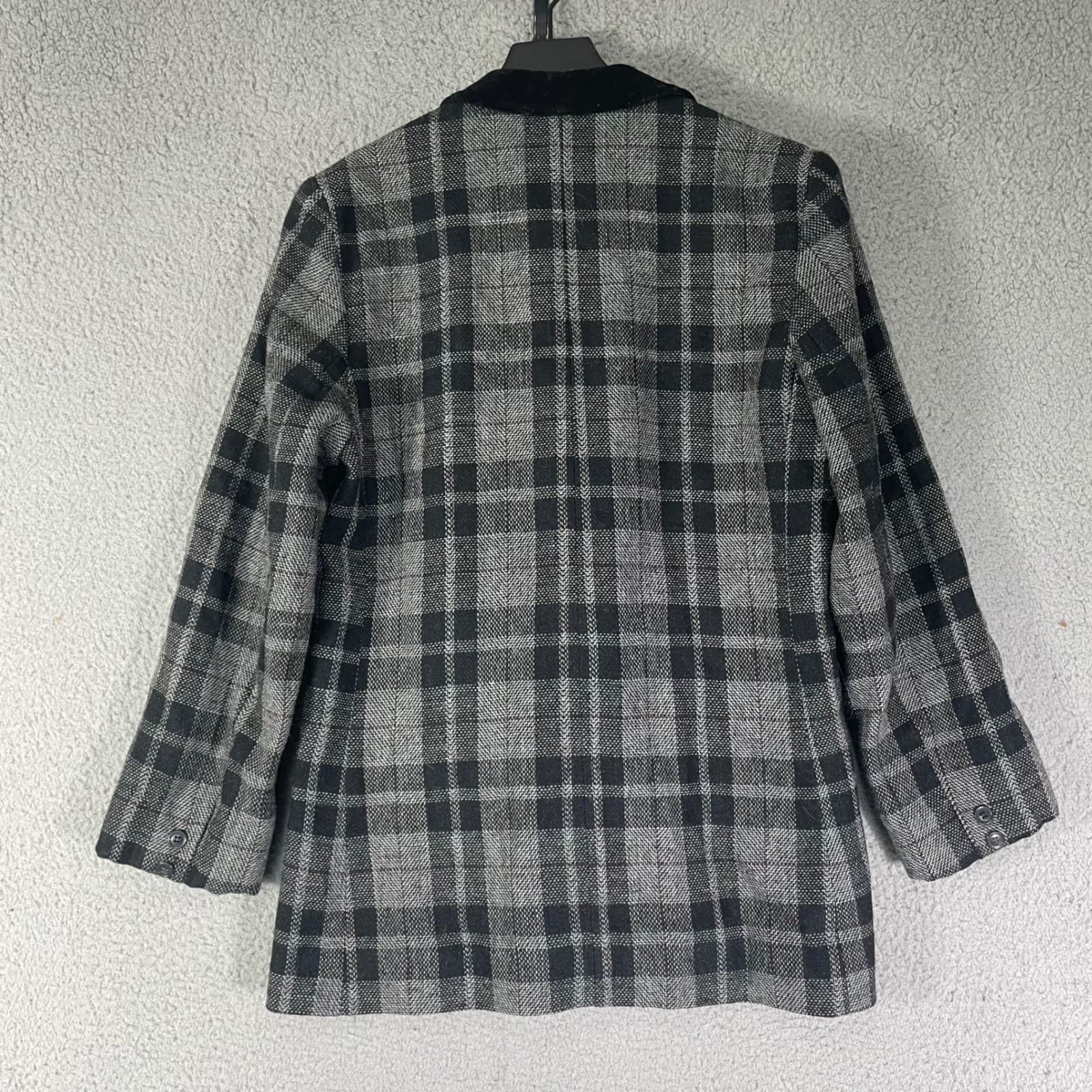 Vintage Plaid Blazer Womens 5 6 Gray Wool Jacket Velvet Collar Academia S - Thumbnail 6