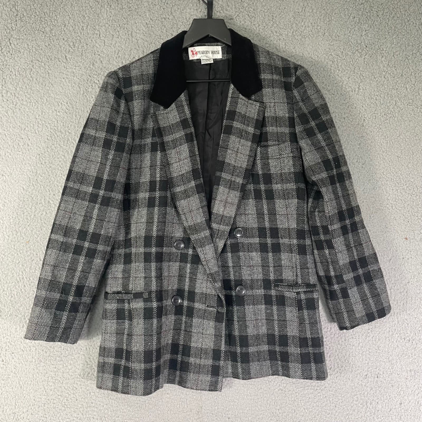 Vintage Plaid Blazer Womens 5 6 Gray Wool Jacket Velvet Collar Academia S - Thumbnail 3