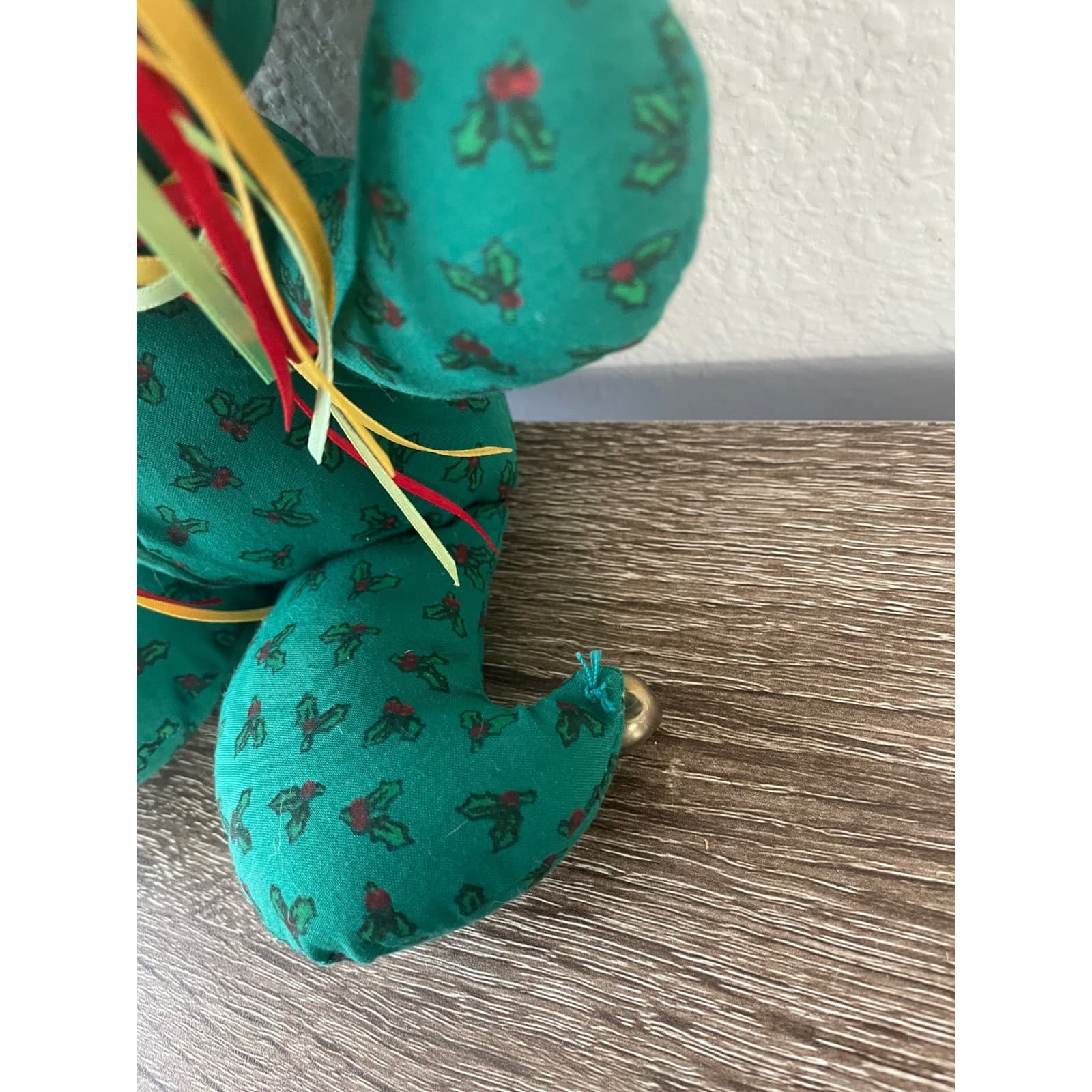 Vintage Handmade Christmas Fabric Teddy Bear 11" Green Holly Calico Button Eyes - Thumbnail 8