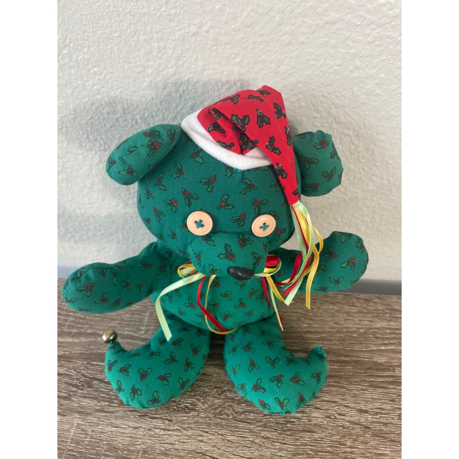 Vintage Handmade Christmas Fabric Teddy Bear 11" Green Holly Calico Button Eyes - Thumbnail 6