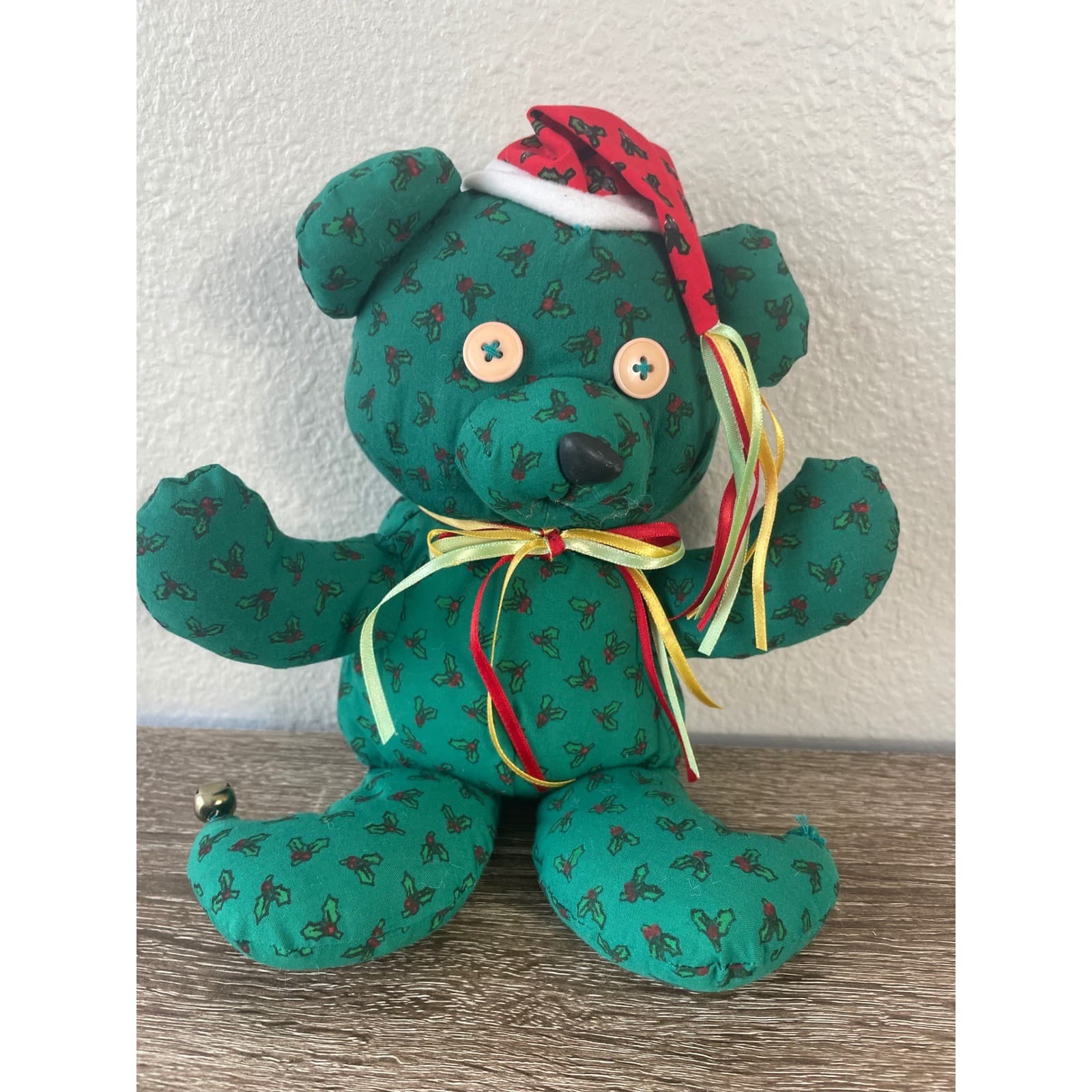 Vintage Handmade Christmas Fabric Teddy Bear 11" Green Holly Calico Button Eyes - Thumbnail 4