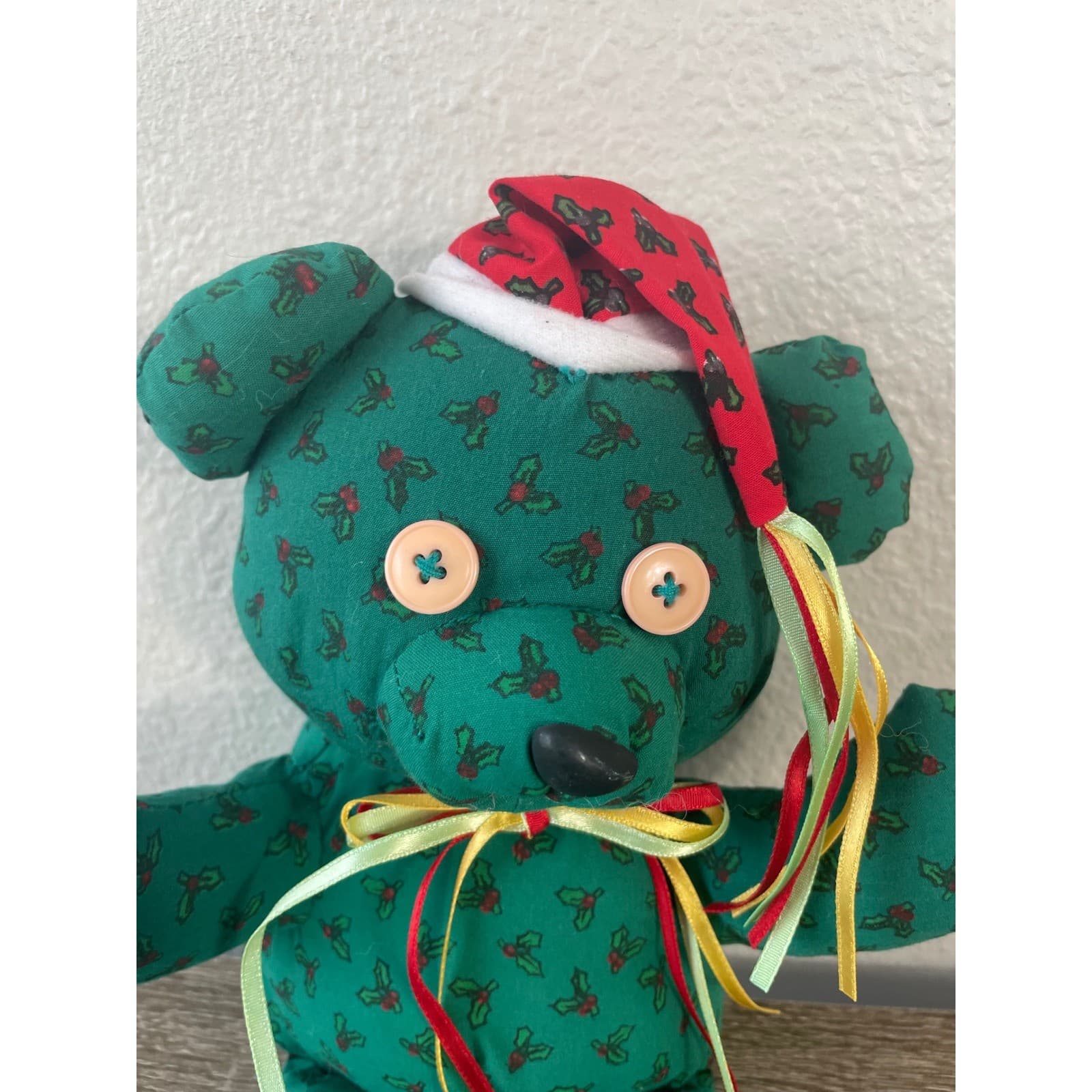 Vintage Handmade Christmas Fabric Teddy Bear 11" Green Holly Calico Button Eyes - Thumbnail 5