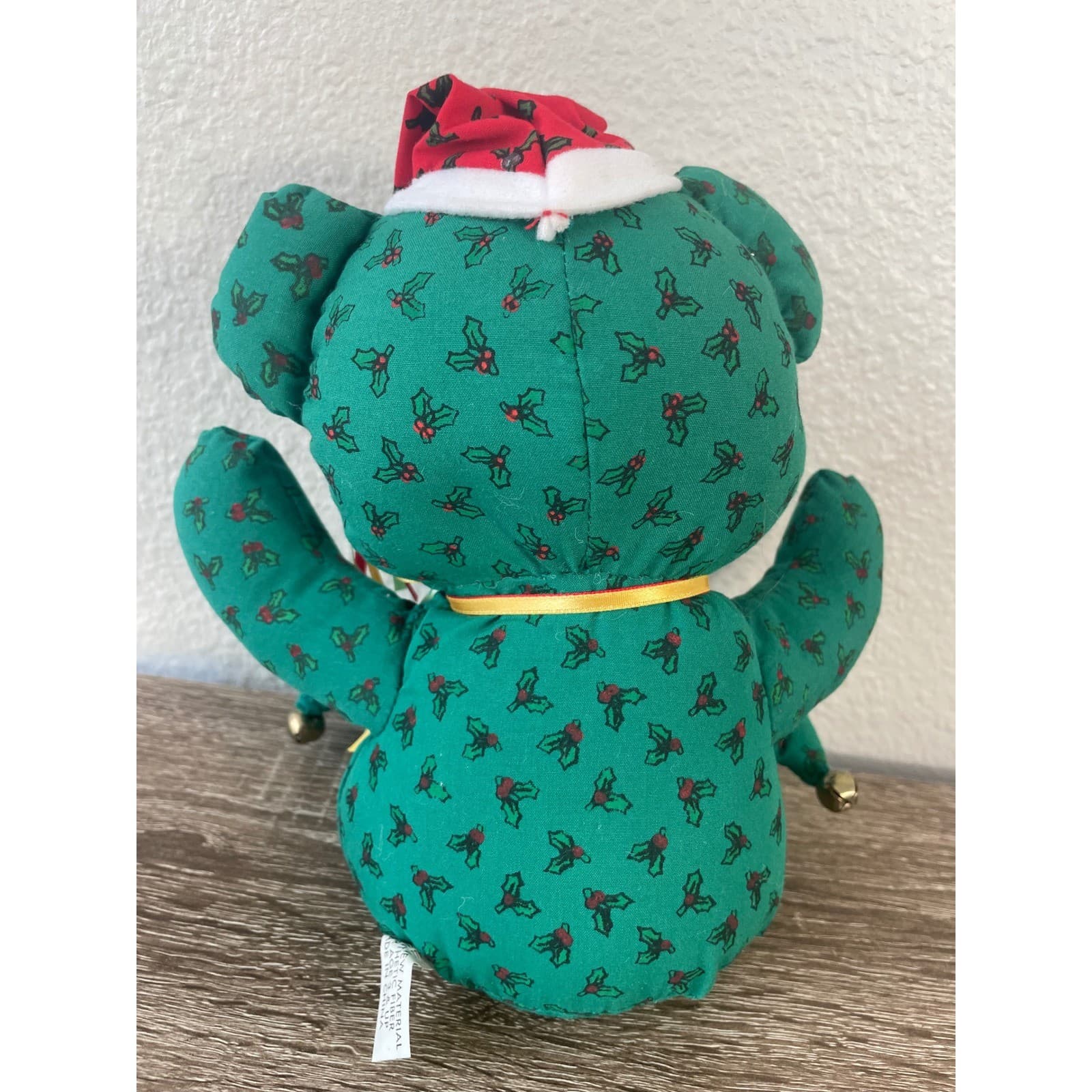 Vintage Handmade Christmas Fabric Teddy Bear 11" Green Holly Calico Button Eyes - Thumbnail 9