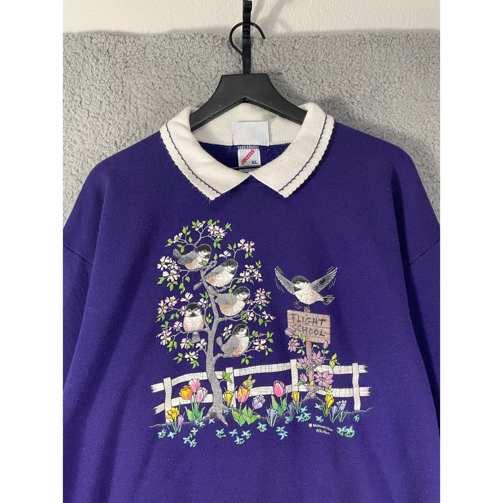 Vintage Morning Sun Sweatshirt XL Purple Bird Floral USA Jerzees Graphic - Thumbnail 5