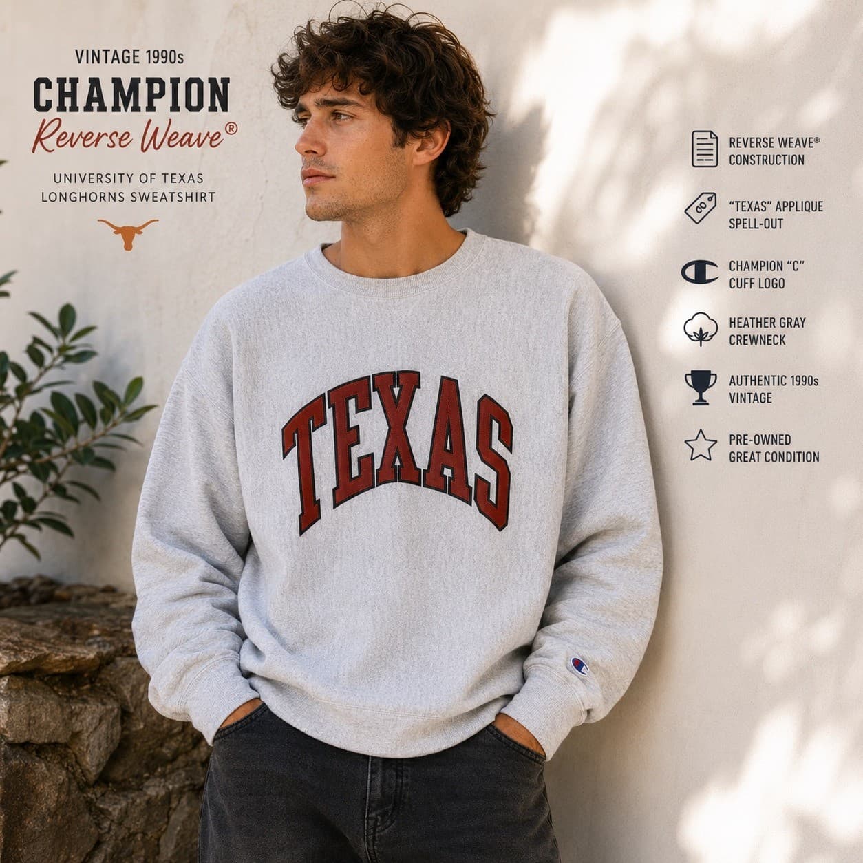 Vintage Champion Reverse Weave Texas Sweatshirt 3XL Longhorns Gray 90s USA - Thumbnail 2